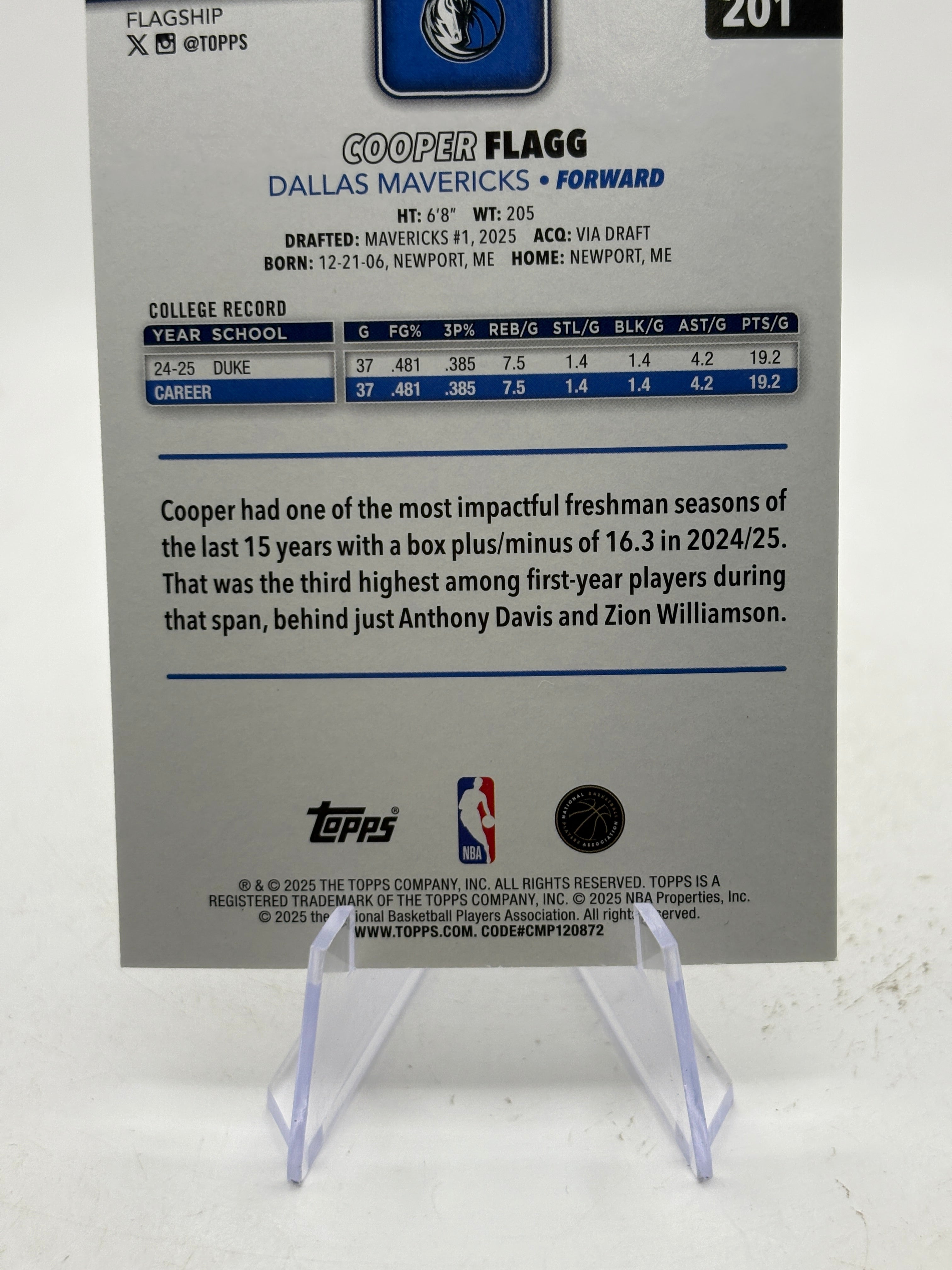 2025-26 Topps Flagship Cooper Flagg #201 Holo Foil Rookie RC Mavericks